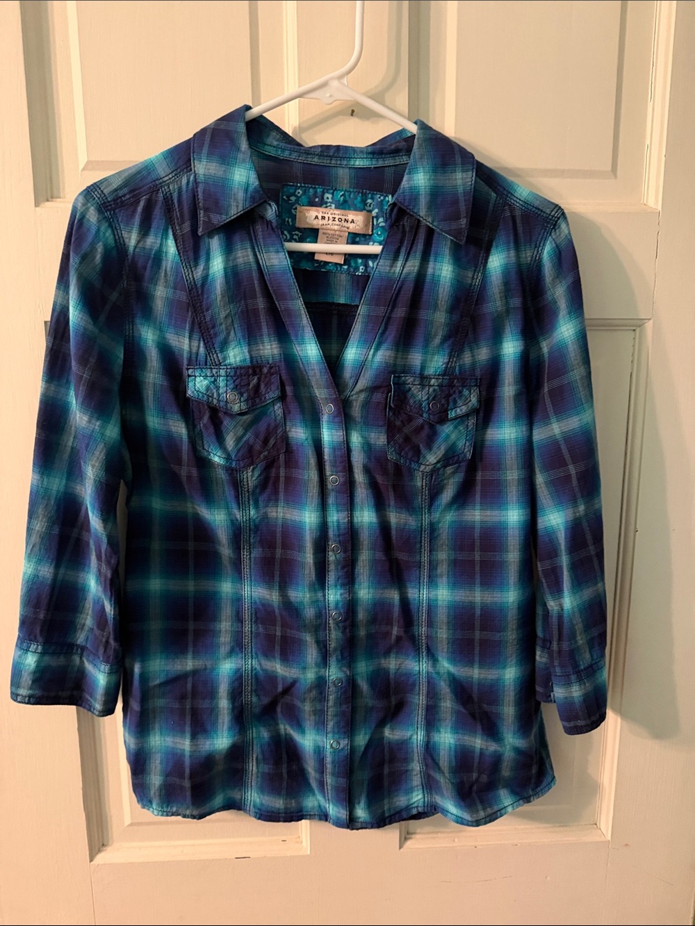 Arizona Jean Company Teal and Navy Plaid Button-Down Shirt
